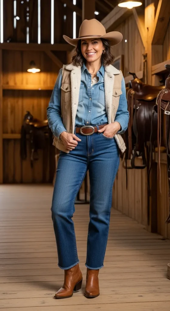 Denim denim cowgirl layering outfit