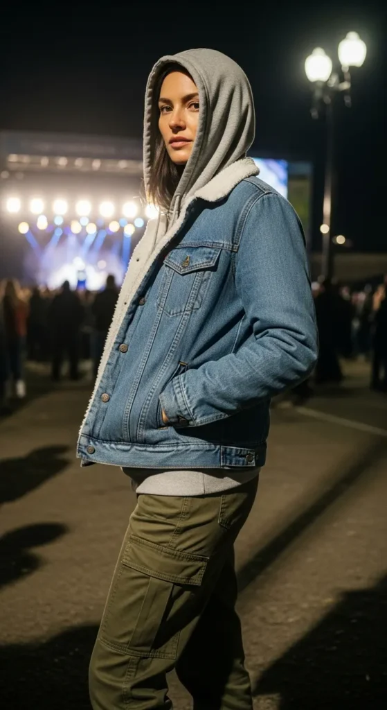 Denim jacket hoodie concert outfit