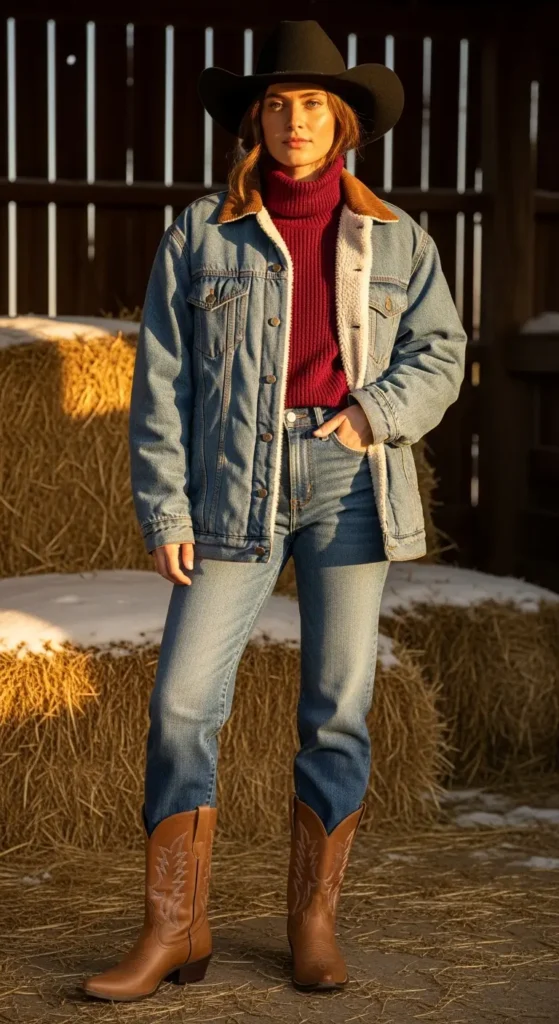 Denim sherpa cowgirl winter outfit