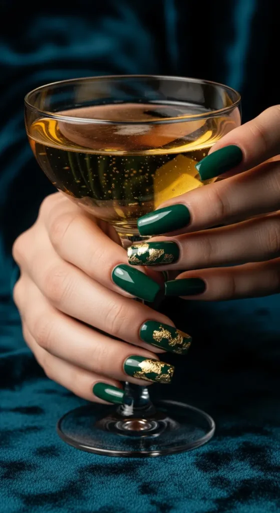 Emerald green and gold festive New Year nails design
