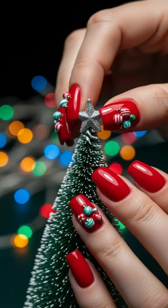 Extra festive Christmas nail designs with 3D ornament decorations