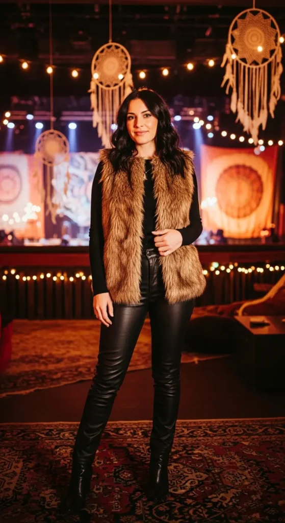 Faux fur vest coated jeans concert