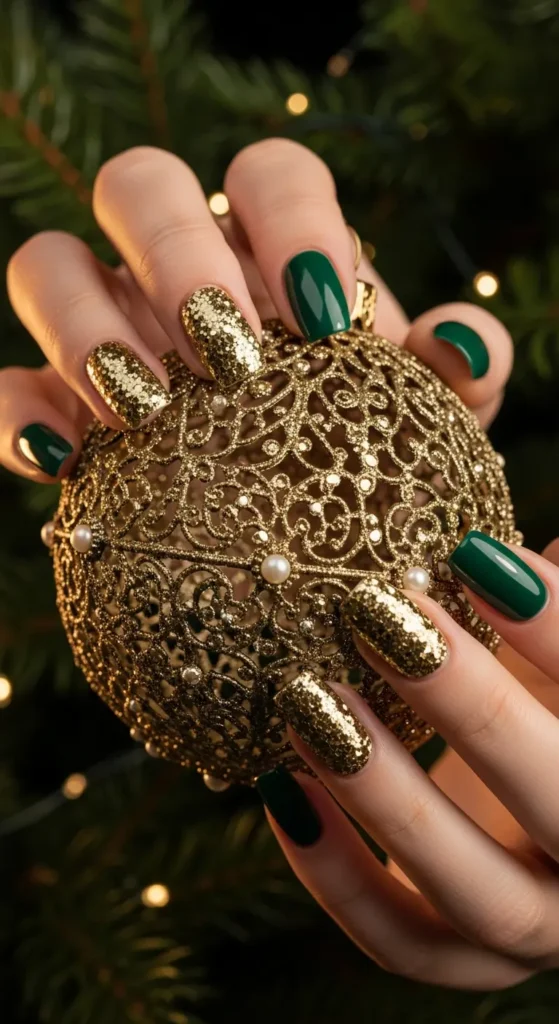Festive nail designs in emerald green with gold glitter for Christmas