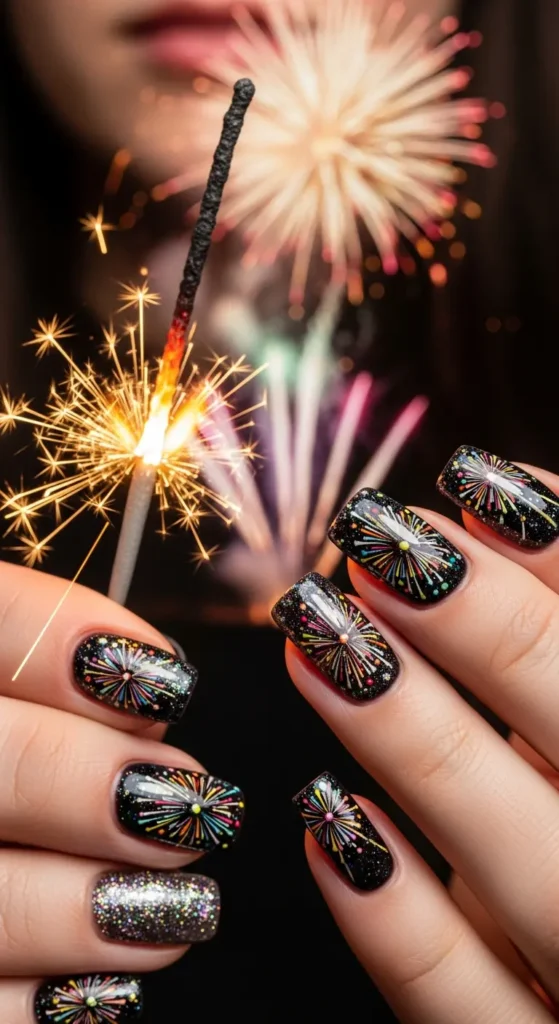 Fireworks nail art design perfect for New Year's party nails