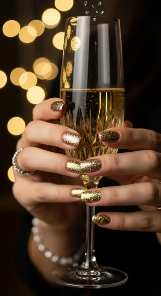 Gold glitter fade New Year's Eve nails with champagne glass
