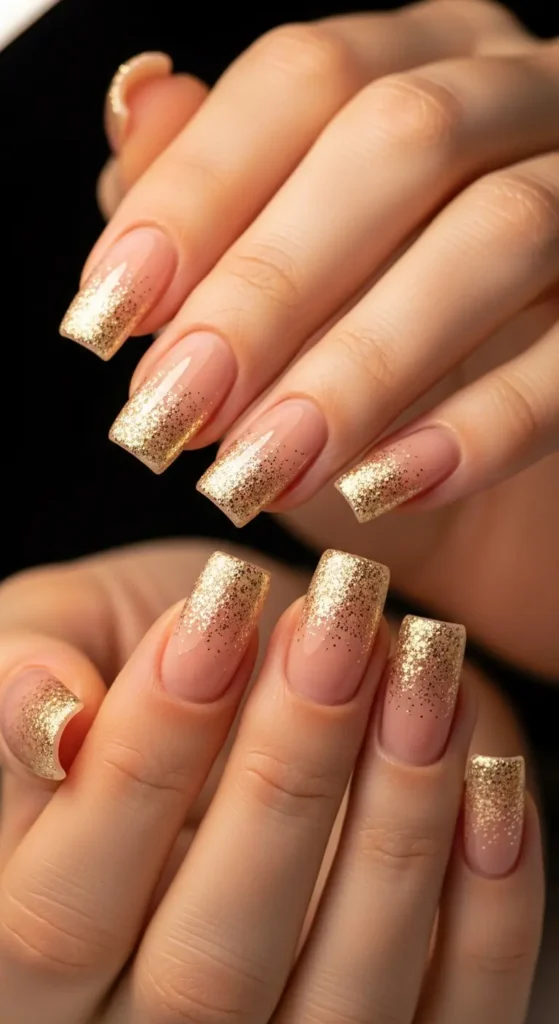 Gold glitter fade square nails