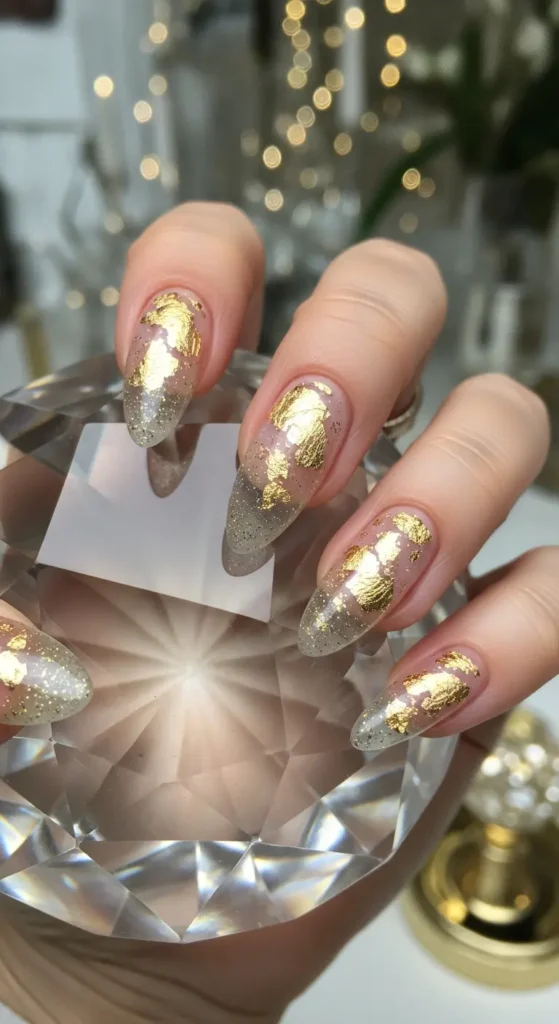 Gold leaf clear almond nails