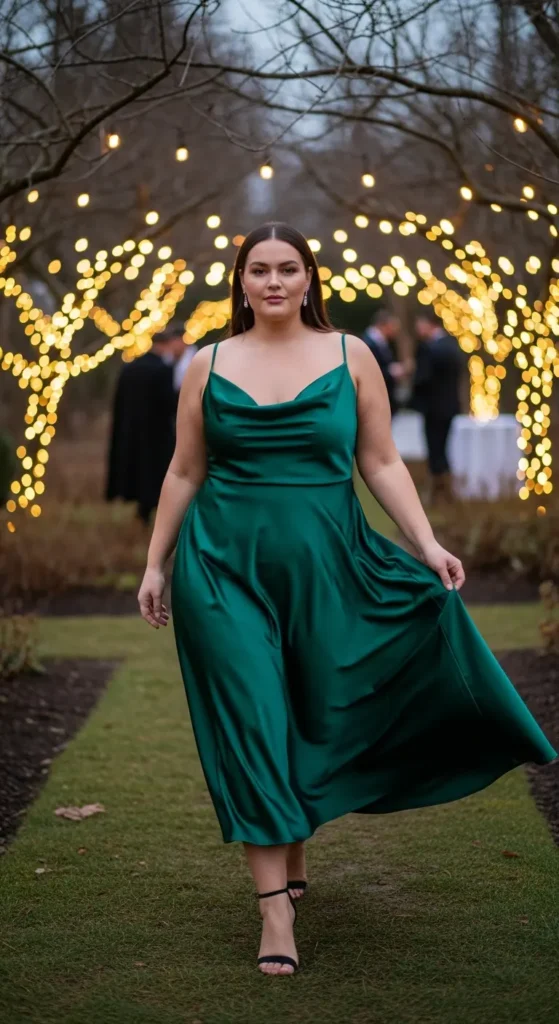Green satin plus size party dress