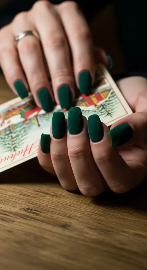 Holiday nail ideas in dark green with velvet texture finish