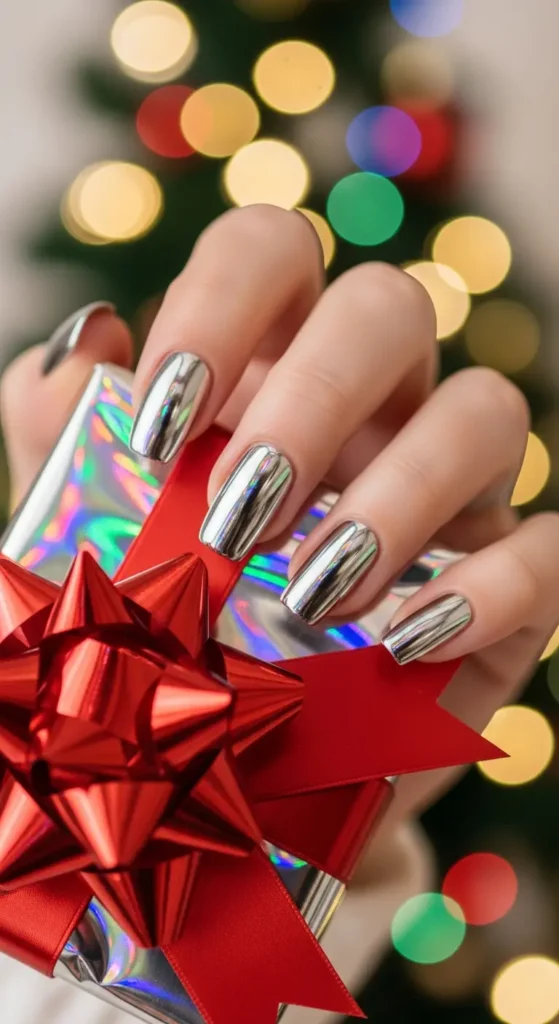 Holiday nail trends featuring silver chrome Christmas nails