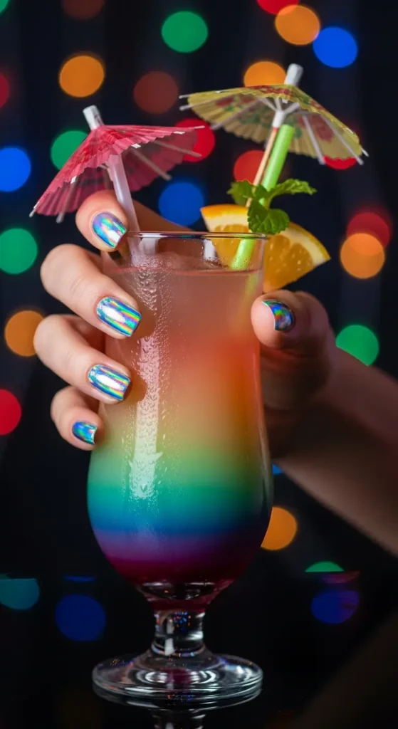 Holographic New Year gel nails with rainbow color shift