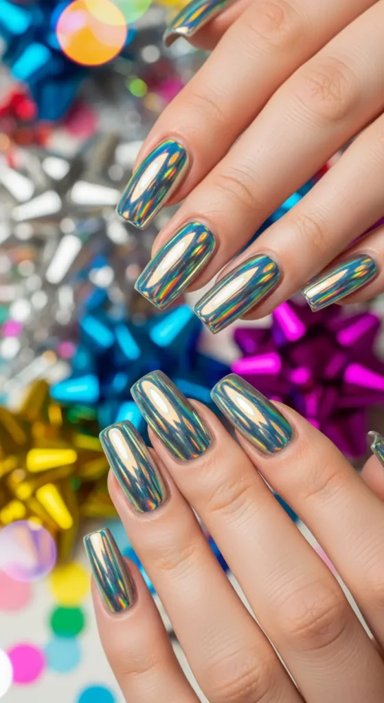 Holographic chrome square nails