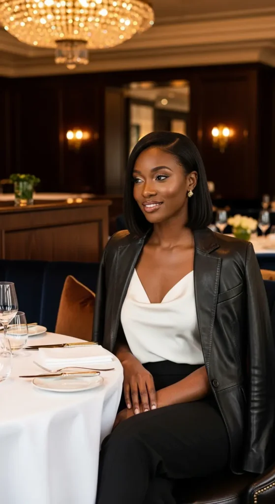 Leather blazer winter date Black girl