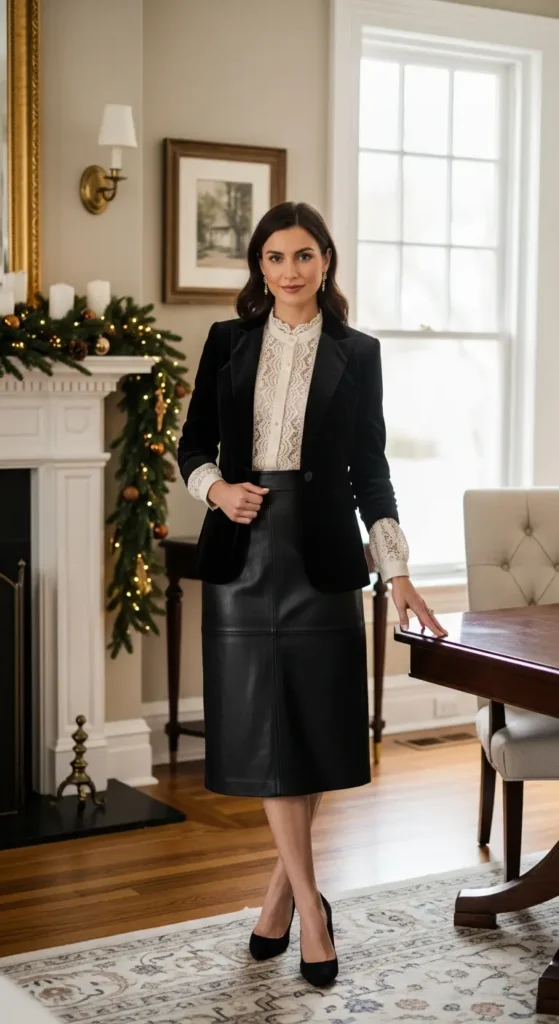 Leather skirt Christmas outfit