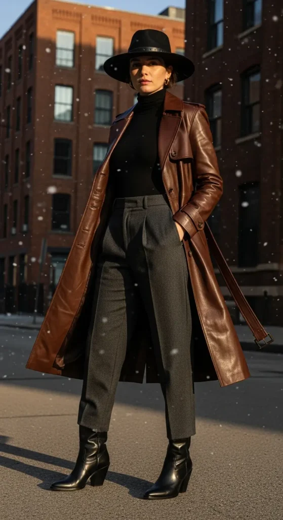 Leather trench western chic outfit