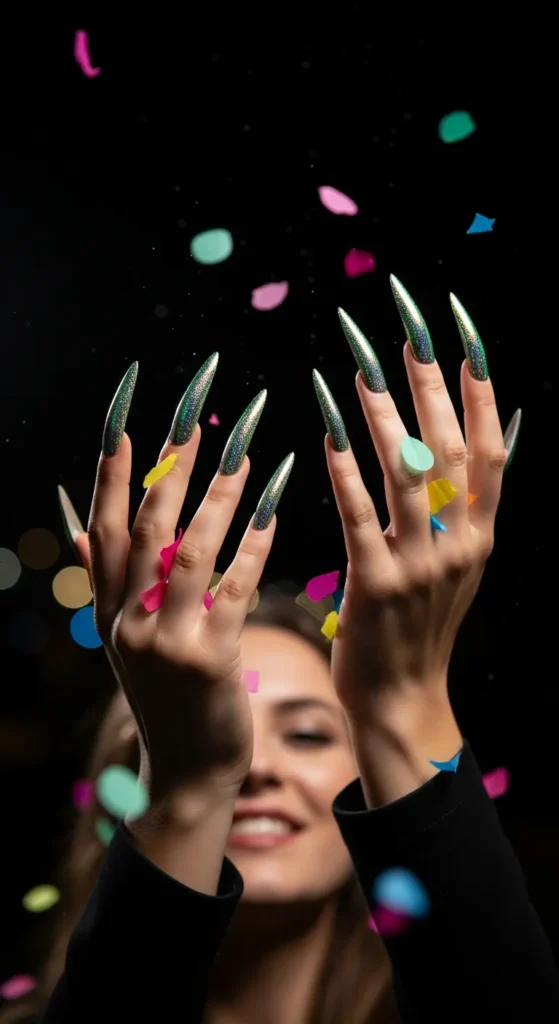 Long acrylic nails with multi-chrome glitter for New Year party