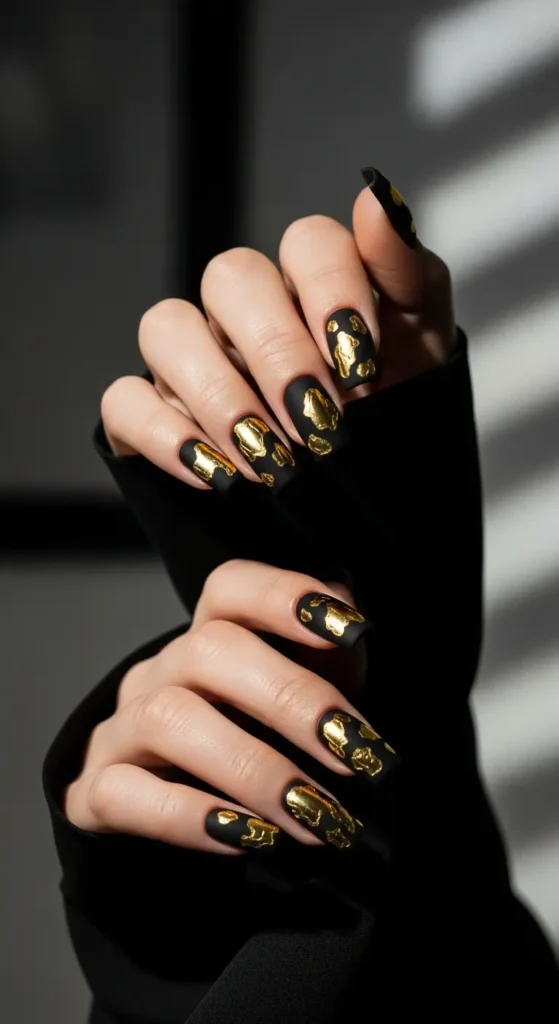 Matte black gold foil nails