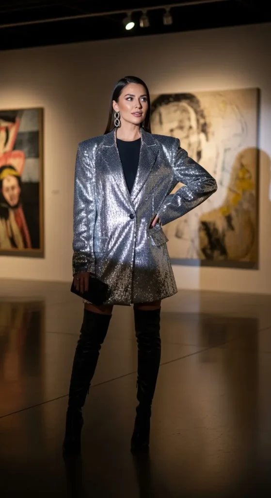 Metallic blazer dress outfit