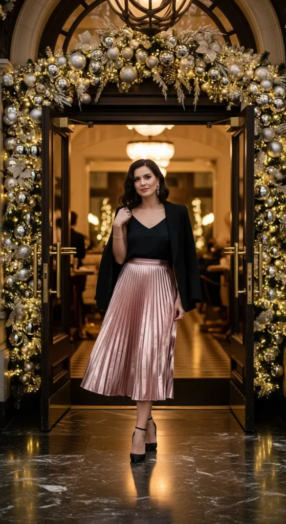 Metallic skirt holiday outfit