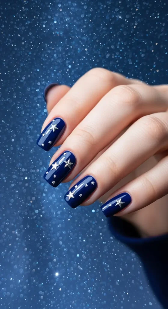 Navy blue nails with silver stars for New Year party nails
