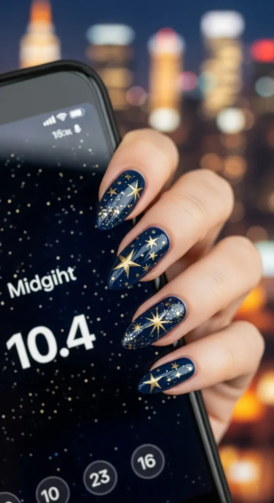 Navy gold almond NYE nails