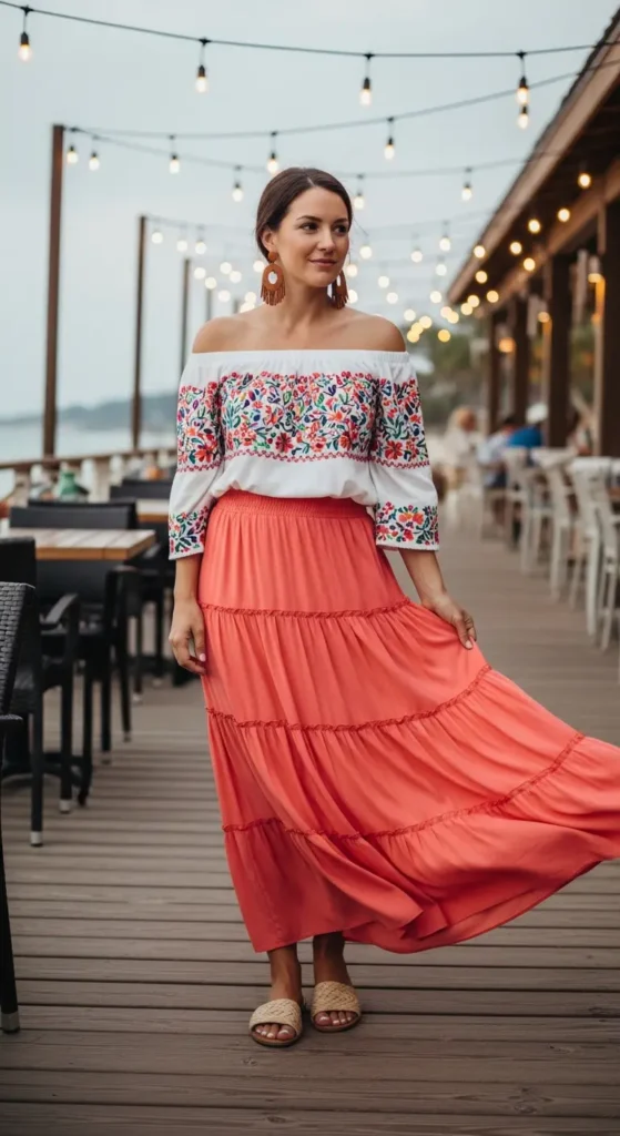 Off-shoulder peasant top beach skirt