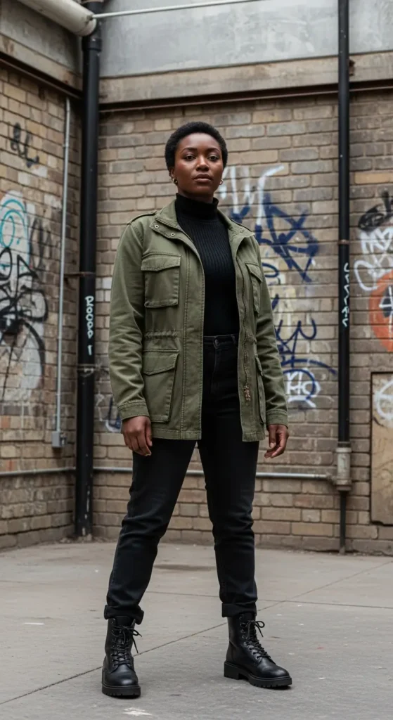 Olive utility jacket winter Black women