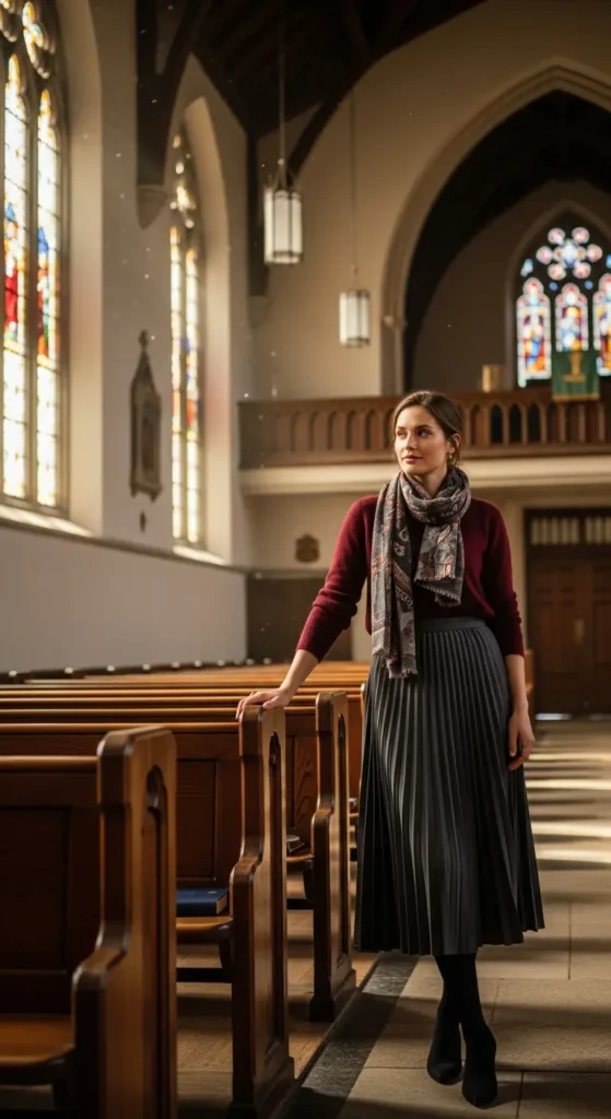 Pleated skirt church outfit