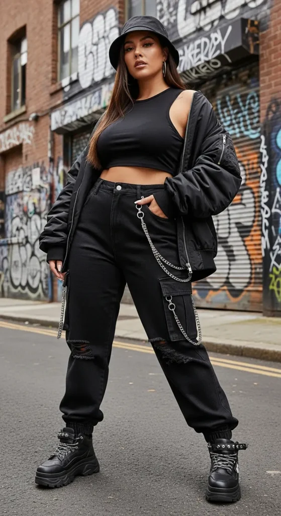 Plus size goth streetwear look