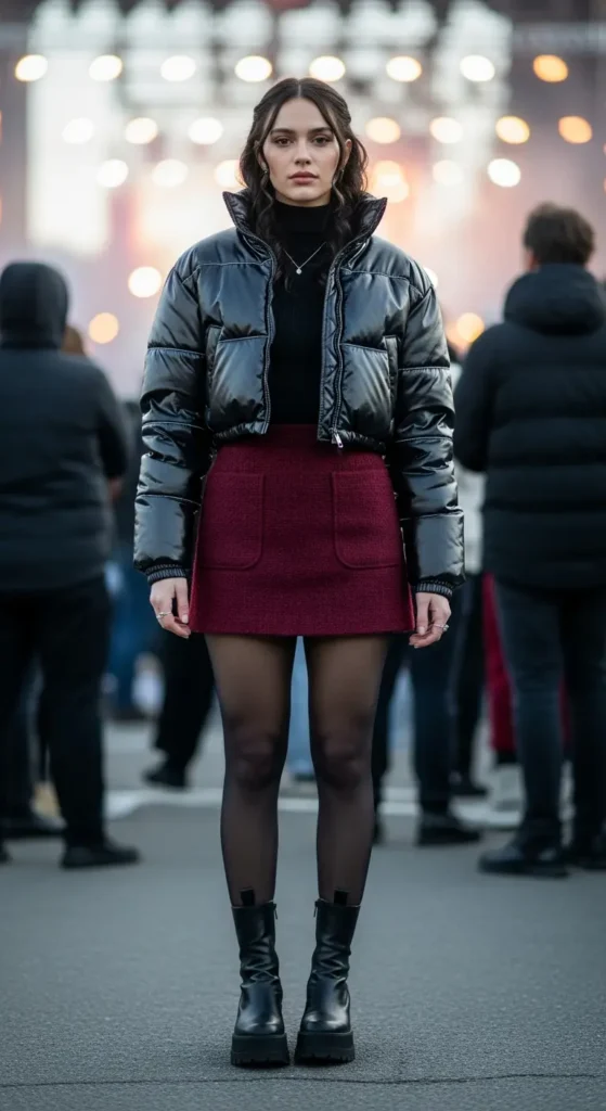 Puffer jacket mini skirt winter concert