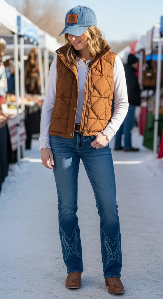 Puffer vest western casual outfit