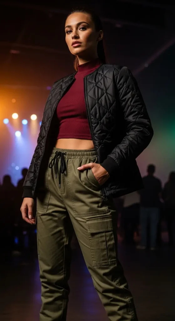 Quilted jacket joggers concert outfit