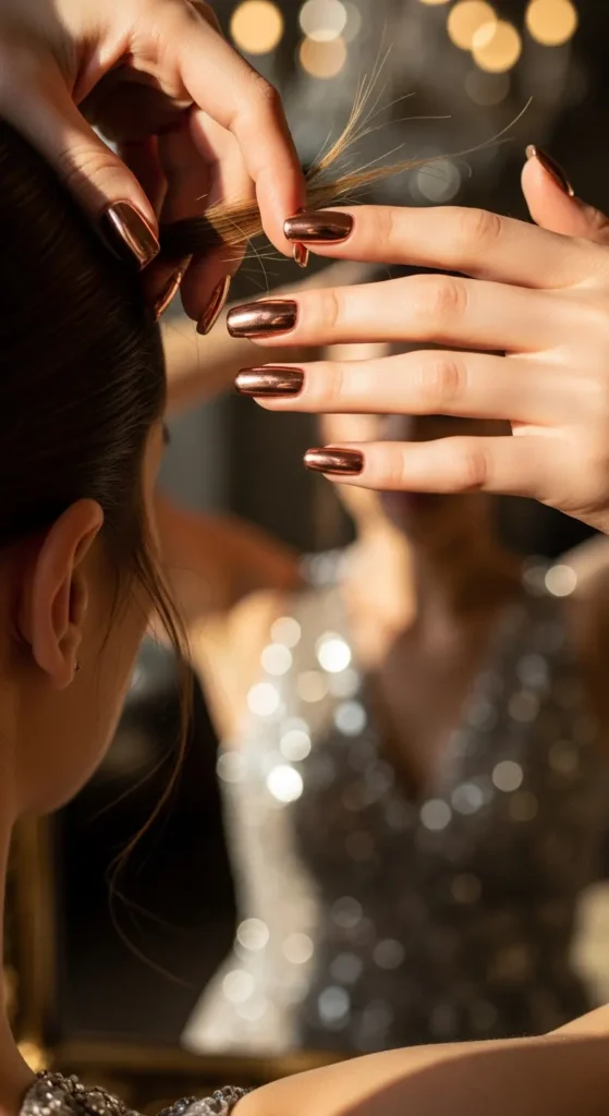 Rose gold chrome New Year nail designs with mirror finish