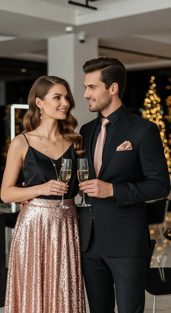 Rose gold couple NYE attire