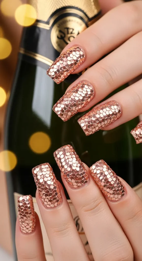 Rose gold sequin square nails