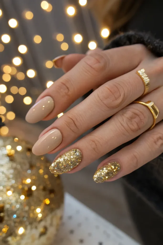 Sequin accent almond NYE nails