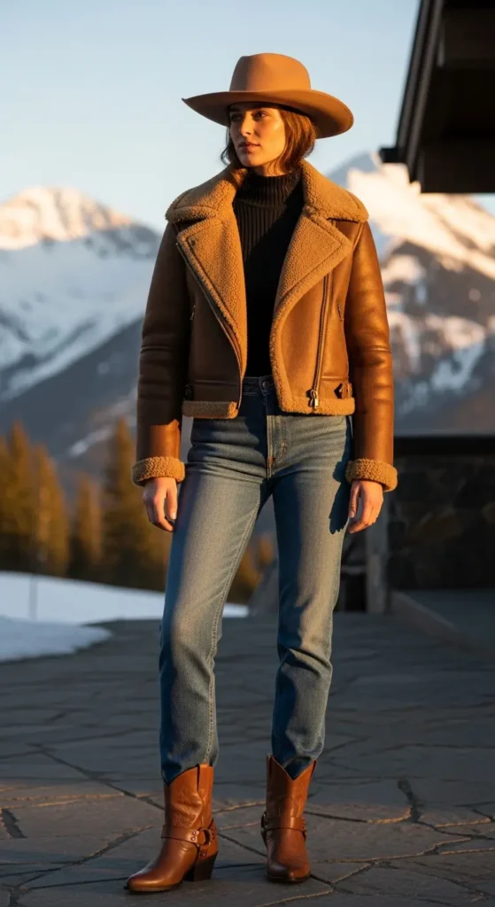 Shearling jacket cowgirl winter style
