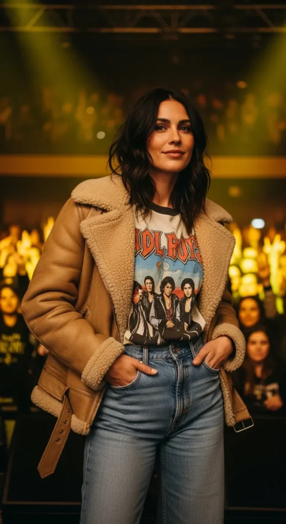 Shearling jacket wide-leg jeans concert