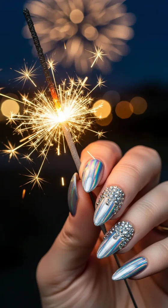 Silver almond New Year nails rhinestones