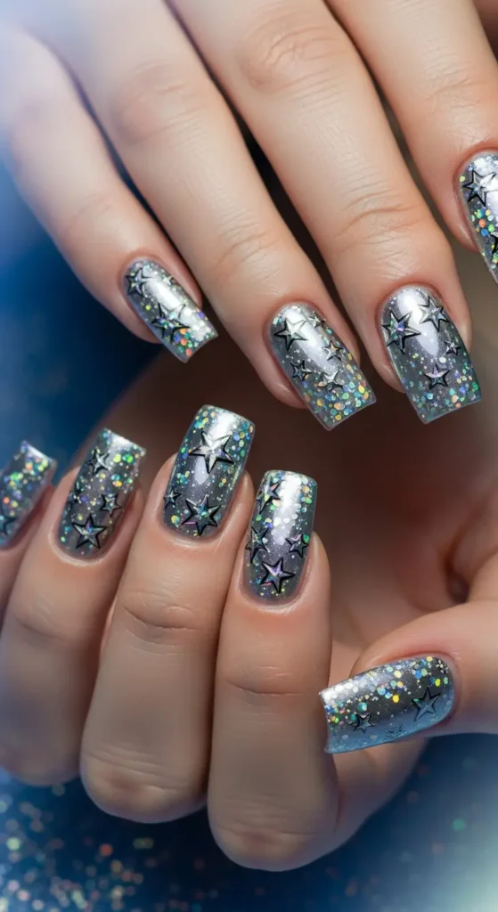 Silver starry square nails