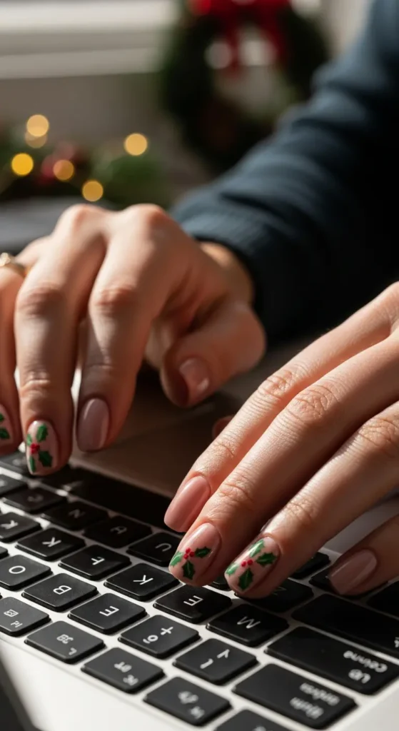 Simple Christmas manicure ideas with holly berry nail art