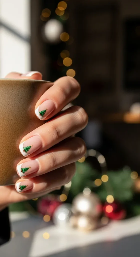 Simple Christmas nails with French tips and tiny tree nail art