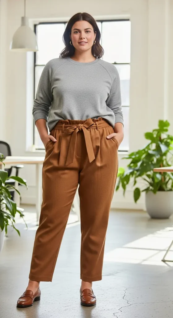 Sweatshirt paperbag trousers plus size office