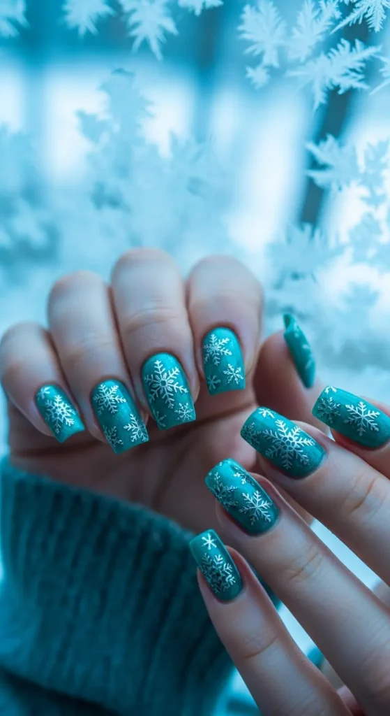 Teal silver snowflake square nails