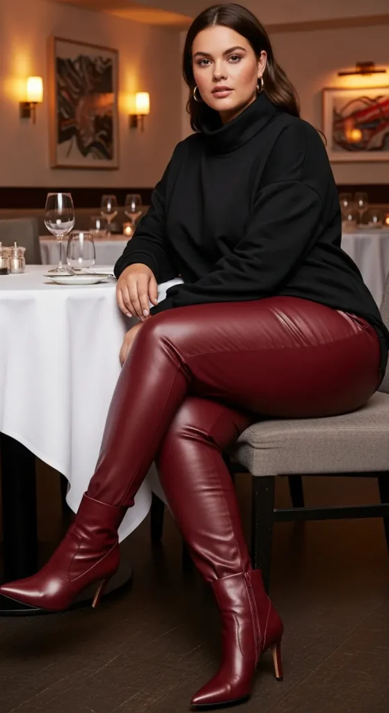 Turtleneck sweatshirt leather pants plus size
