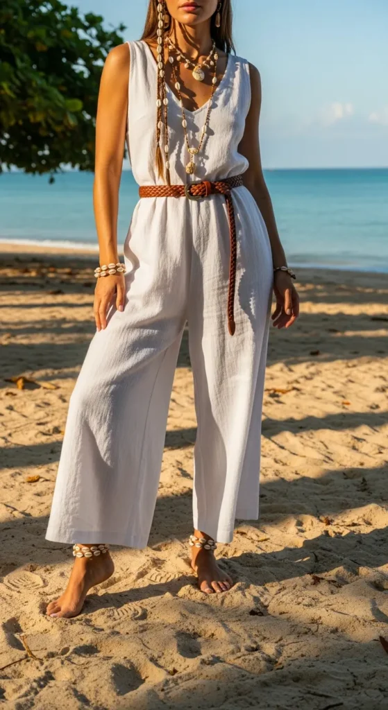 White linen jumpsuit beach boho