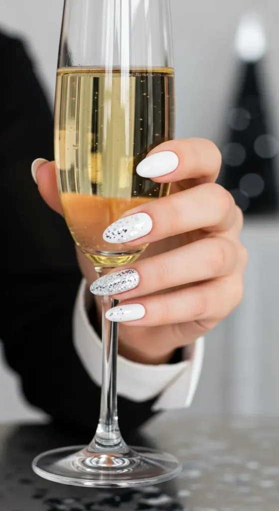 White silver confetti almond nails