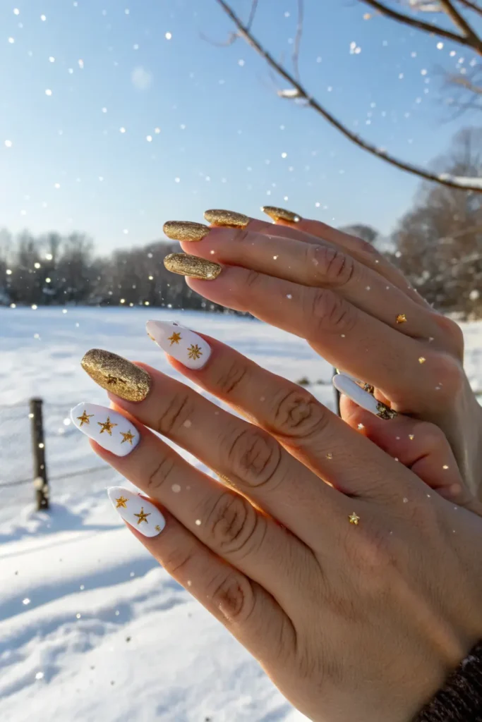 Winter nail ideas with white base and gold snowfall design