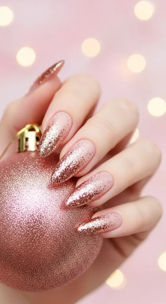 Xmas nail inspo with rose gold glitter gradient design