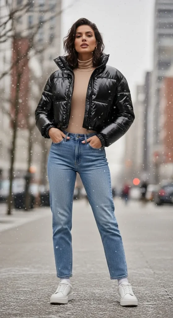 Aesthetic puffer jacket winter look